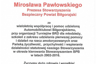 Podziękowanie dla Pana Mirosława Pawłowskiego  